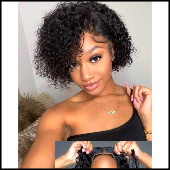 Short Curly Human Hair Wig Glueless Lace Closure Pre Plucked Pixie Cut Bob main image 4